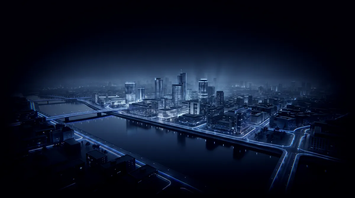 A city at night with streets and bridges traced in blue light