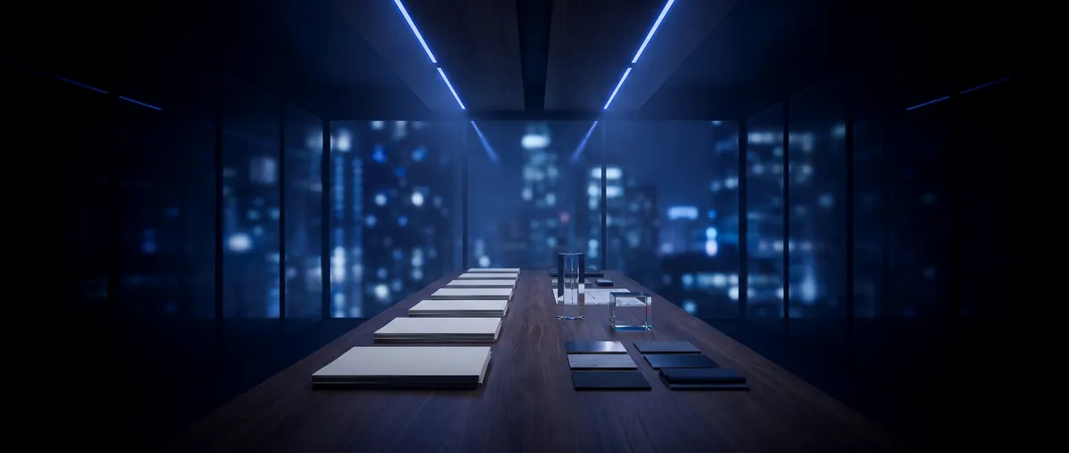 A creative studio at night with a long table and city lights