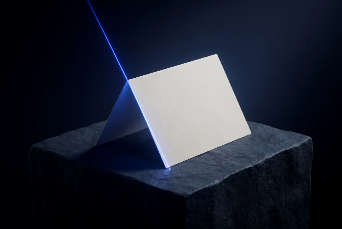 A folded sheet of blank paper on stone lit by a thin blue beam