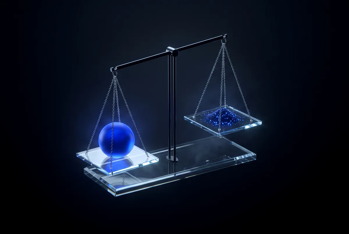 A glass balance scale holding a blue sphere and small glowing particles