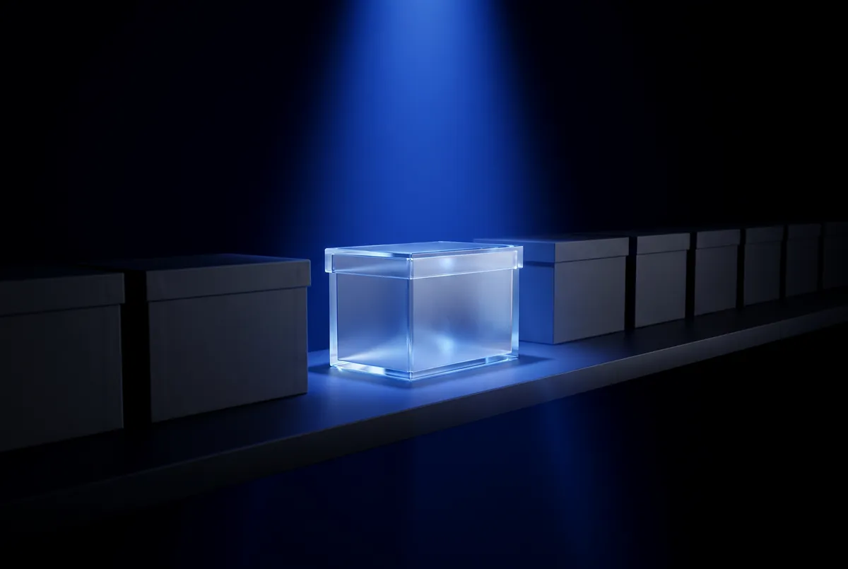 A glass box lit by a blue spotlight on a shelf of grey boxes