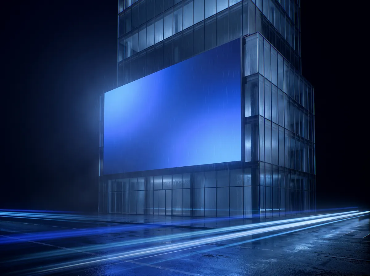 A glowing blank billboard on a glass tower at night