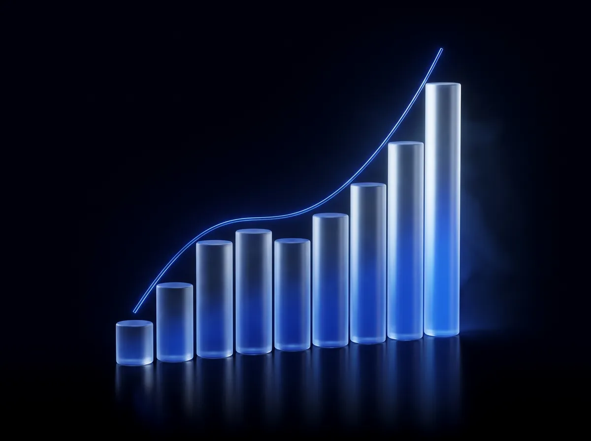 Glowing glass columns rising like a chart