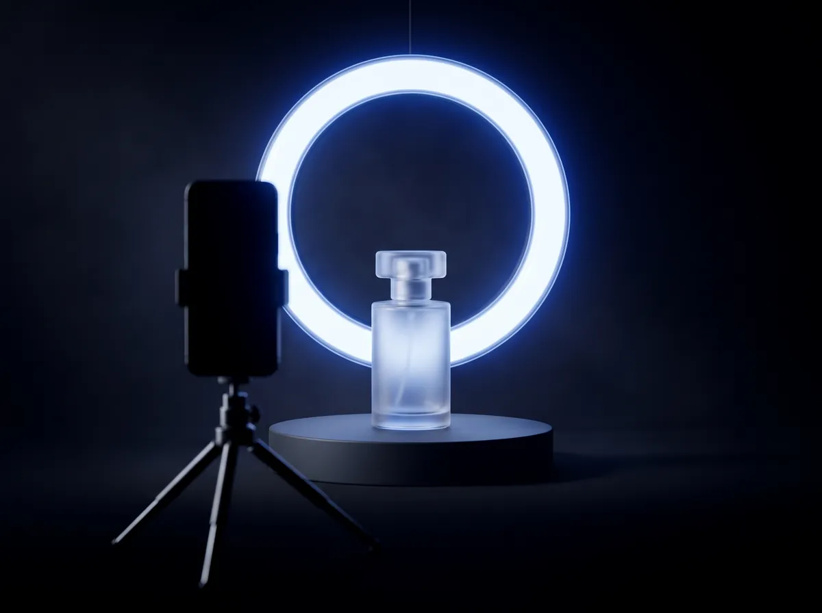 A phone on a tripod filming a bottle under a ring light