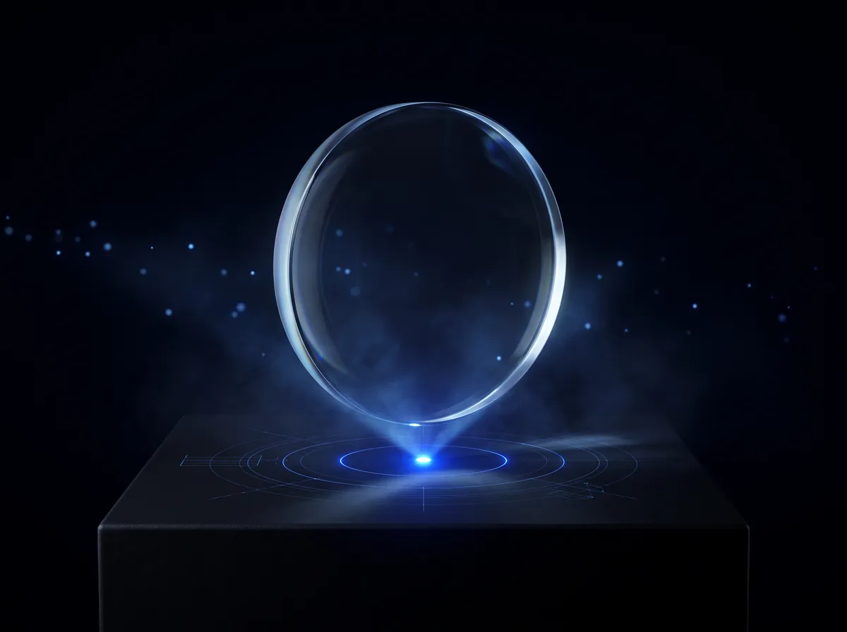 A glass lens focusing blue light into one point