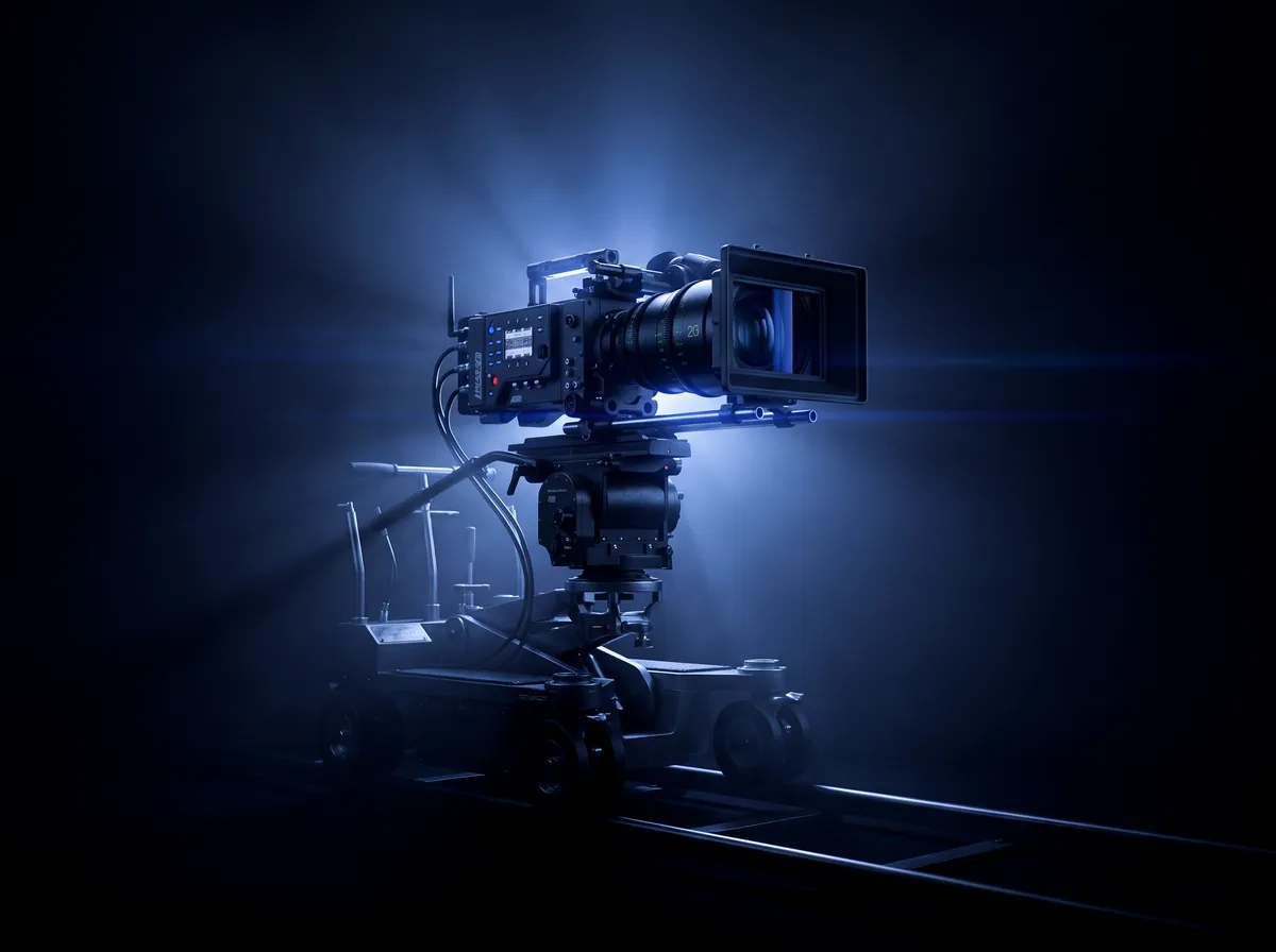 A cinema camera on a dolly in blue haze